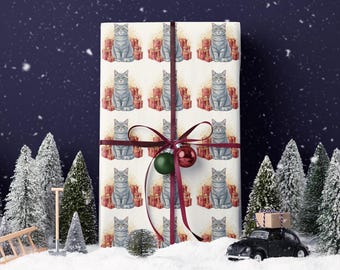 Gray Tabby Cat with Presents Wrapping Paper | Christmas Gift Wrap