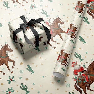 Vintage Cowboy Santa Weihnachtsgeschenkpapier - Retro Western Urlaub Geschenkpapier - Cowgirl Rustikale Landhaus Weihnachtsdeko Papierrolle
