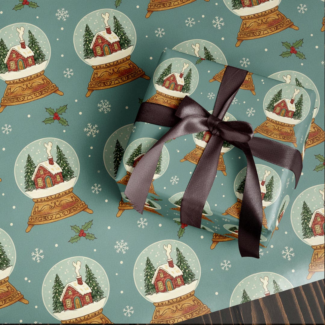 Vintage Christmas Snowglobe Wrapping Paper Retro Holiday Gift Wrap