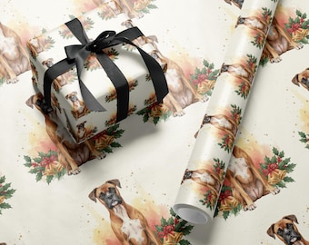 Boxer Wrapping Paper | Holiday Dog with Holly and Bells