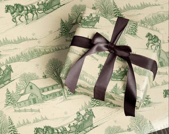 Vintage Christmas Wrapping Paper | Horse Sleigh & Snowy Farmhouse | Green Winter Wrap