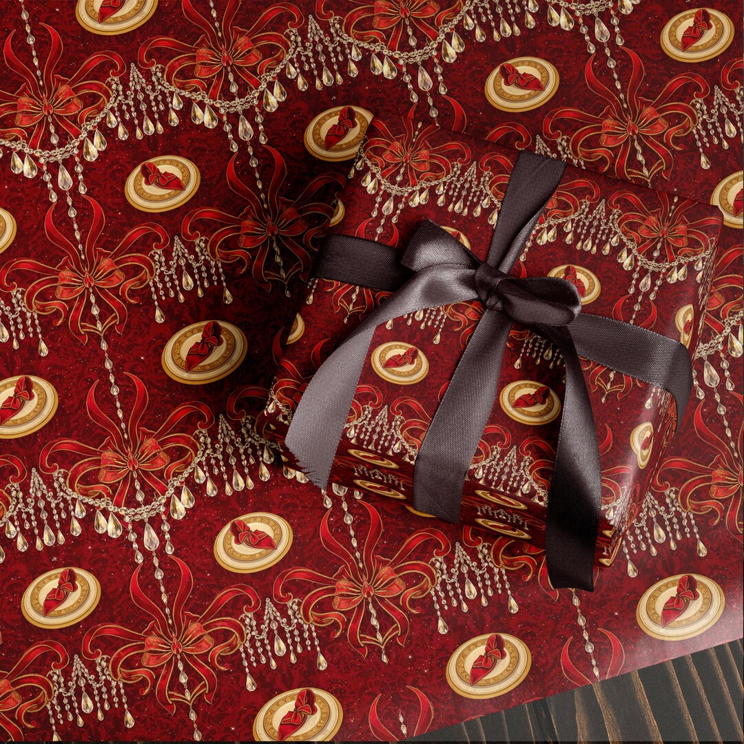 Red Ribbon Christmas Wrapping Paper | Elegant Gold Ornament Gift Wrap ...
