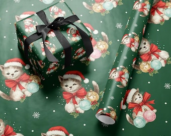 Vintage Weihnachtskätzchen Geschenkpapier | Retro Urlaub Geschenkverpackung | Niedliches Festliches Katzen Poster | Retro Weihnachtsdekor