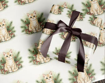 Cream Tabby Cat with Gifts Wrapping Paper | Cozy Christmas Gift Wrap