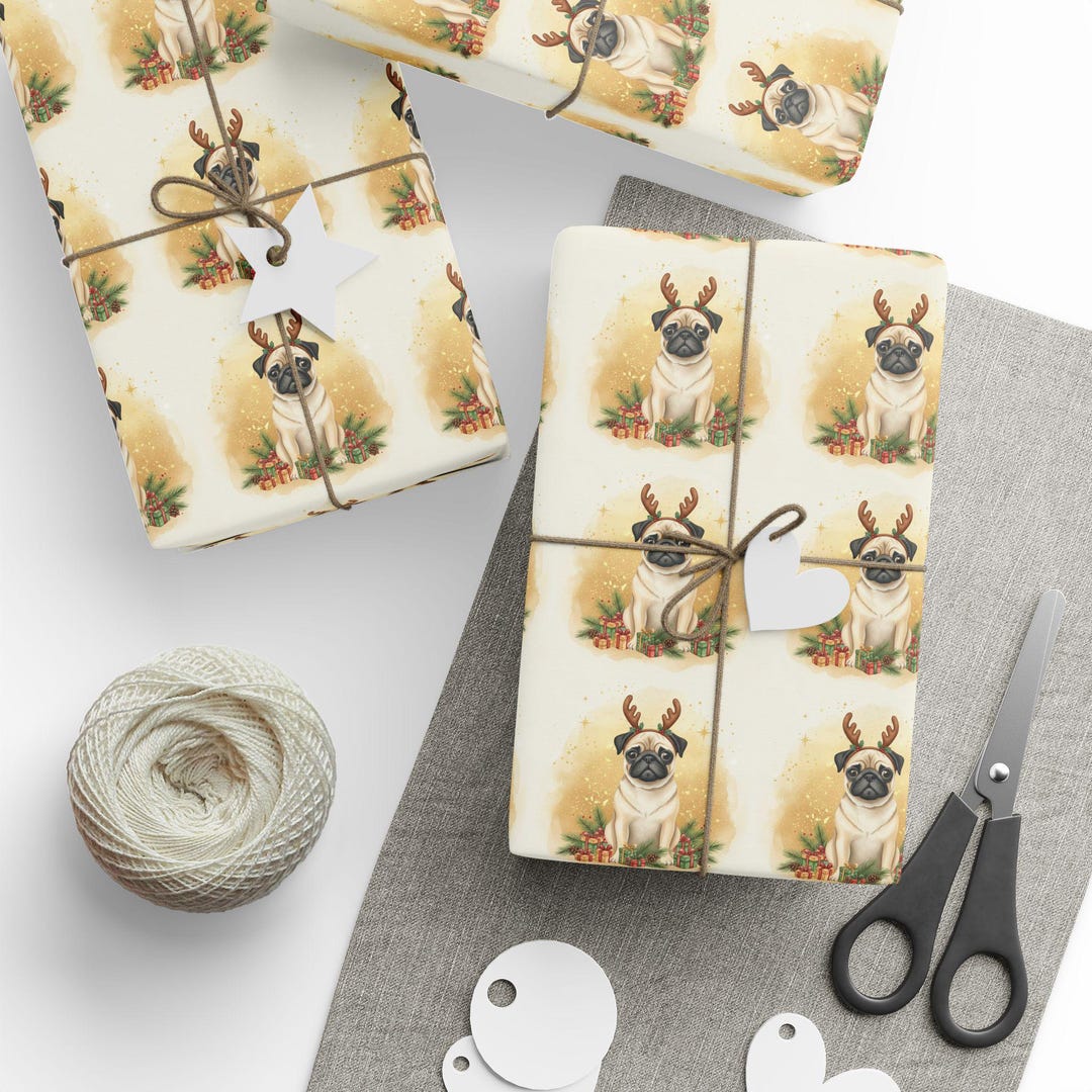 Deer Pug Wrapping Paper | Holiday Dog With Antlers - Etsy