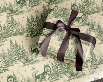 Husky Wrapping Paper | Vintage Winter Cabin Dog Scene