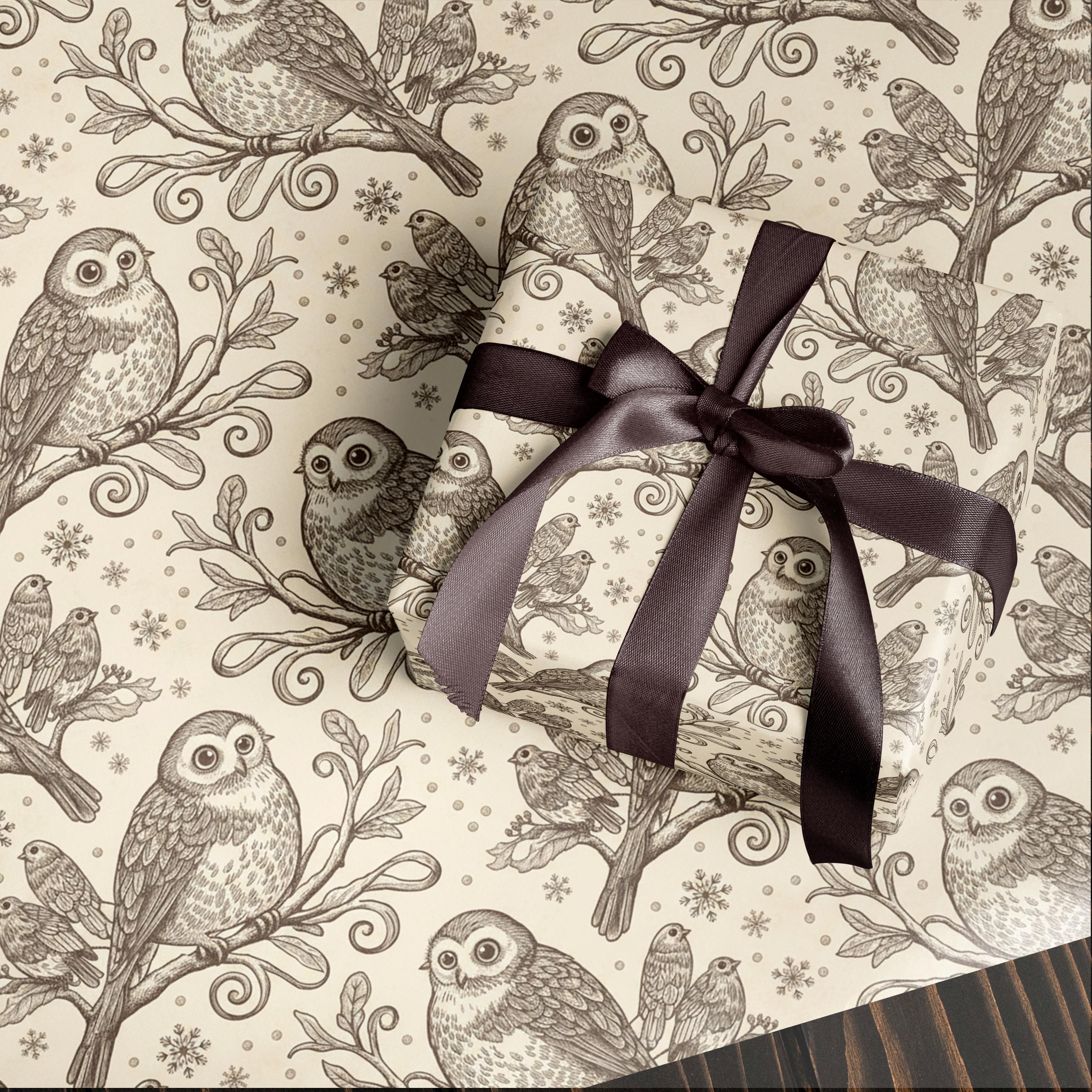 Vintage Christmas Wrapping Paper | Winter Owls on Branches | Brown Winter Holiday Wrap