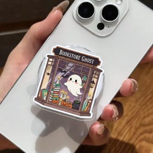 Kawaii Book Nook z magnetycznym uchwytem na telefon w kształcie ducha – uroczy stojak z duchem i książkami, zabawny uchwyt na telefon na Halloween dla nastolatków i miłośników książek