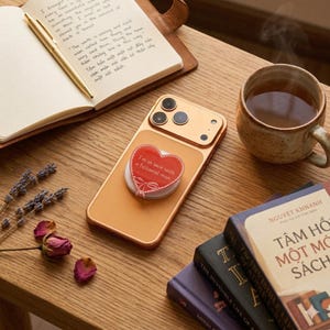 Puede incluir: Un smartphone dorado con un soporte en forma de coraz&oacute;n que dice "I'm in love with a fictional man". El tel&eacute;fono est&aacute; sobre una mesa de madera junto a una taza de t&eacute;, un cuaderno y varios libros.