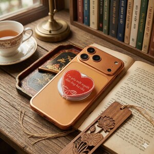 Puede incluir: Una funda dorada para tel&eacute;fono con un pop socket en forma de coraz&oacute;n con texto vietnamita. El tel&eacute;fono descansa sobre un libro abierto con un marcap&aacute;ginas de loto de madera. Tambi&eacute;n se ve una taza de t&eacute; y una bandeja decorativa.