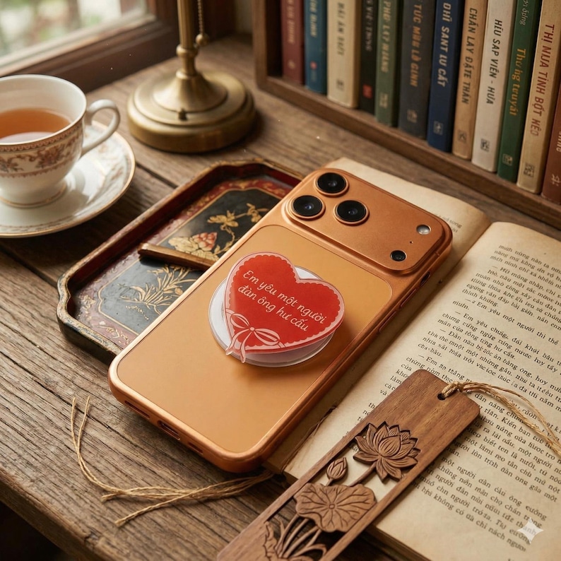 Puede incluir: Una funda dorada para tel&eacute;fono con un pop socket en forma de coraz&oacute;n con texto vietnamita. El tel&eacute;fono descansa sobre un libro abierto con un marcap&aacute;ginas de loto de madera. Tambi&eacute;n se ve una taza de t&eacute; y una bandeja decorativa.