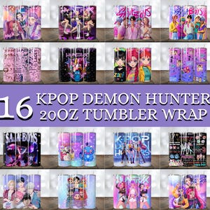 May include: A collection of sixteen 20oz tumbler wraps featuring K-pop-themed designs. The tumblers showcase vibrant illustrations of K-pop stars and anime-style characters in various colors. The text "KPOP DEMON HUNTER 20OZ TUMBLER WRAP" is displayed.