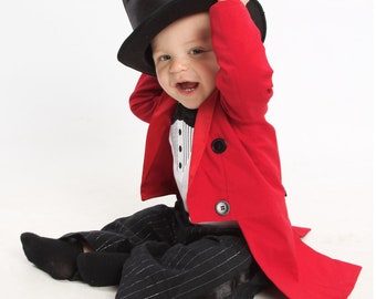 Circus Ringmaster Costume -3 Piece Tuxedo Jacket Fully Lined with Tails, Tuxedo Onesie or T-Shirt and Tuxedo Pants - Birthday, Carnival