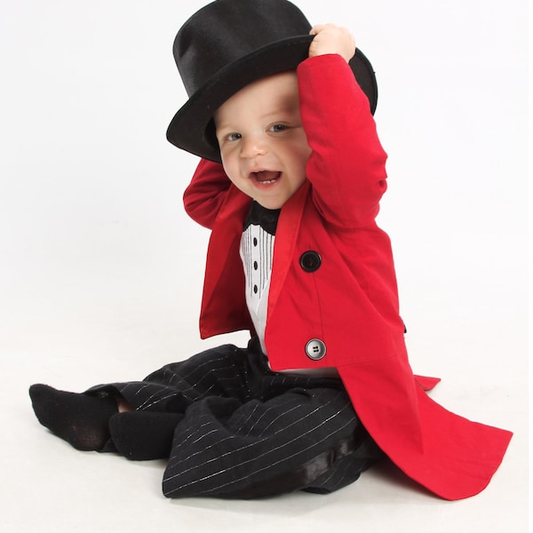 Circus Ringmaster Costume -3 Piece Tuxedo Jacket Fully Lined with Tails, Tuxedo Onesie or T-Shirt and Tuxedo Pants - Birthday, Carnival