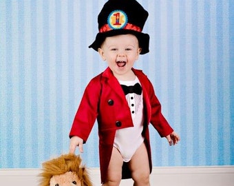 Ringmaster Costume - 2 Piece - Fully Lined Tuxedo Jacket WITH Tails and Tuxedo Onesie OR T-Shirt - Infant, Toddler, Birthday, Carnival