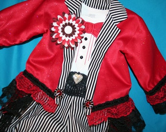 5 piece Girls Ringmaster Pirate Costume JACKET, Tuxedo Onesie, Bloomers, Boutenniere, Top Hat - Birthday Carnival Circus Pageant Wedding