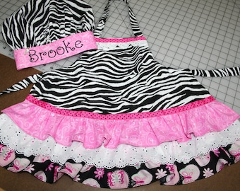 Zebra Print Child, Toddler Apron and Chef Hat with Personalized Embroidery in Zebra Print and Hot Pink Size 2T-10