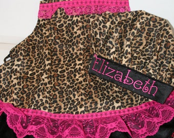 Cheetah Girls Apron and Chef Hat with Personalized Embroidery in Cheetah Print and Hot Pink With Hearts, Lace and Ruffles