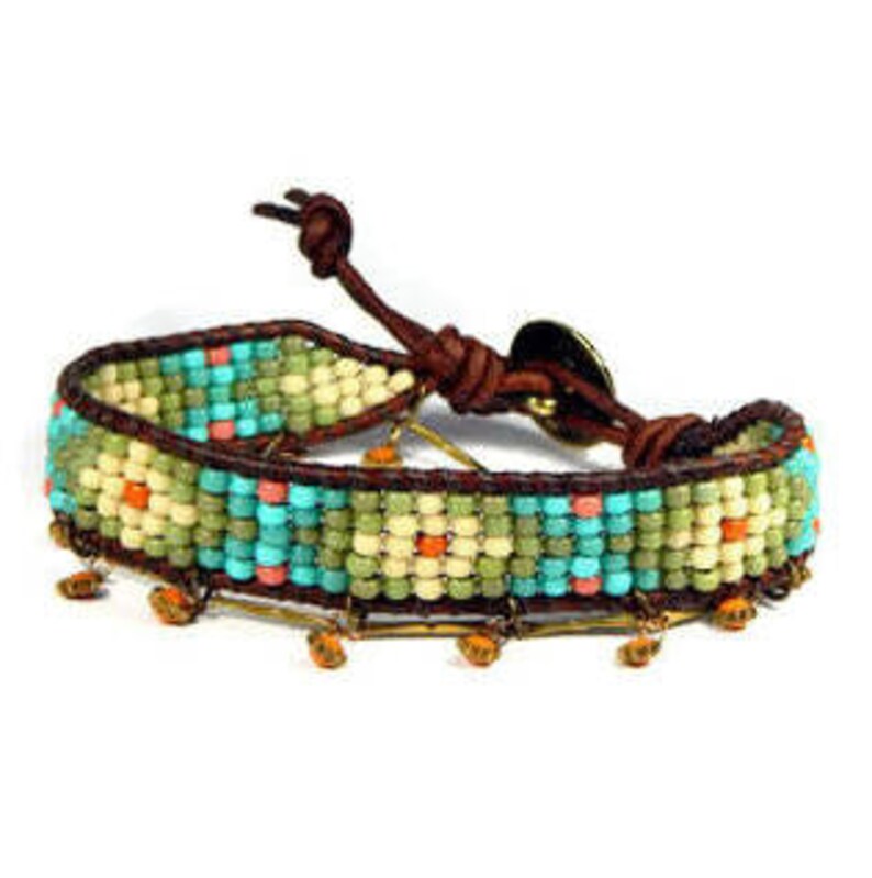 Bead Loom Bracelet Leather Wrap Bracelet Green Blue Coral Sun Etsy