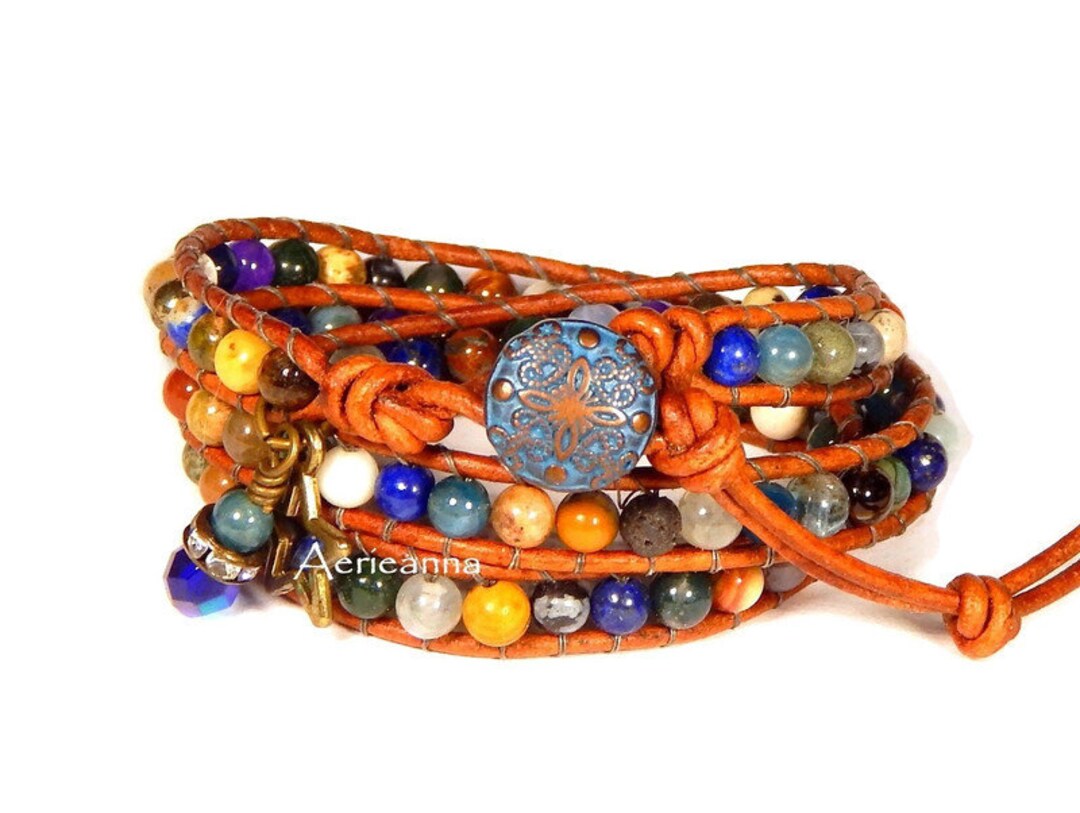 Gemstone Leather Wrap Bracelet 1, 2, 3X Wrap Mixed Gemstone With Blue