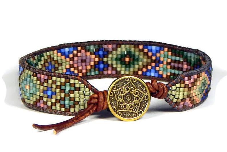 Bead Loom Bracelet Leather Wrap Bracelet Green Blue Gold Etsy