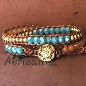 Beaded Leather Wrap Bracelet 2x Wrap Bracelet Paradise Aventurine Teal Double Wrap Boho Bracelet Bohemian Jewelry Aerieanna&#39;s Wristcraft