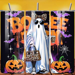 Boujee Ghost Tumbler Wrap PNG: Leopard Bow Halloween Diva (Digital Download)