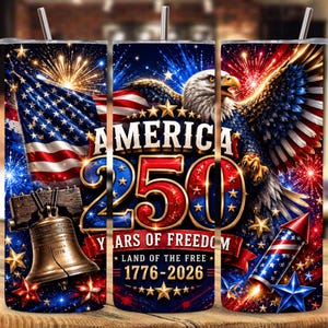 Könnte beinhalten: Ein zylindrischer Becher mit patriotischem Design, das einen Weißkopfseeadler, die amerikanische Flagge, die Liberty Bell und Feuerwerk zeigt. Der Text lautet: AMERICA 250 YEARS OF FREEDOM LAND OF THE FREE 1776-2026. In Rot, Weiß und Blau gehalten.