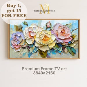 Könnte beinhalten: Gerahmtes Blumenkunstwerk mit großen, strukturierten Rosen in Gelb-, Rosa- und Lilatönen. Das Gemälde hat einen hellblauen Hintergrund und grüne Blätter. Der Rahmen ist aus hellem Holz. Der Text "Premium Frame TV art" ist sichtbar.