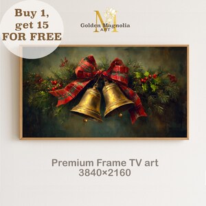 Könnte beinhalten: Ein gerahmter Druck mit zwei goldenen Glocken, die mit einer roten Schottenkaro-Schleife und festlichem Grün geschmückt sind. Das Kunstwerk hat eine Vintage-Ästhetik, mit dem Text "Premium Frame TV art" und den Maßen 3840x2160 unten.