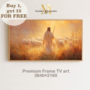 Könnte beinhalten: Gerahmtes Kunstwerk, das eine Figur in weißem Gewand mit Stab zeigt, die eine Schafherde durch ein Feld mit hohem Gras führt. Das Bild hat eine warme, goldene Farbpalette. Der Text auf dem Bild lautet "Buy 1, get 15 FOR FREE" und "Premium Frame TV art 3840x2160".