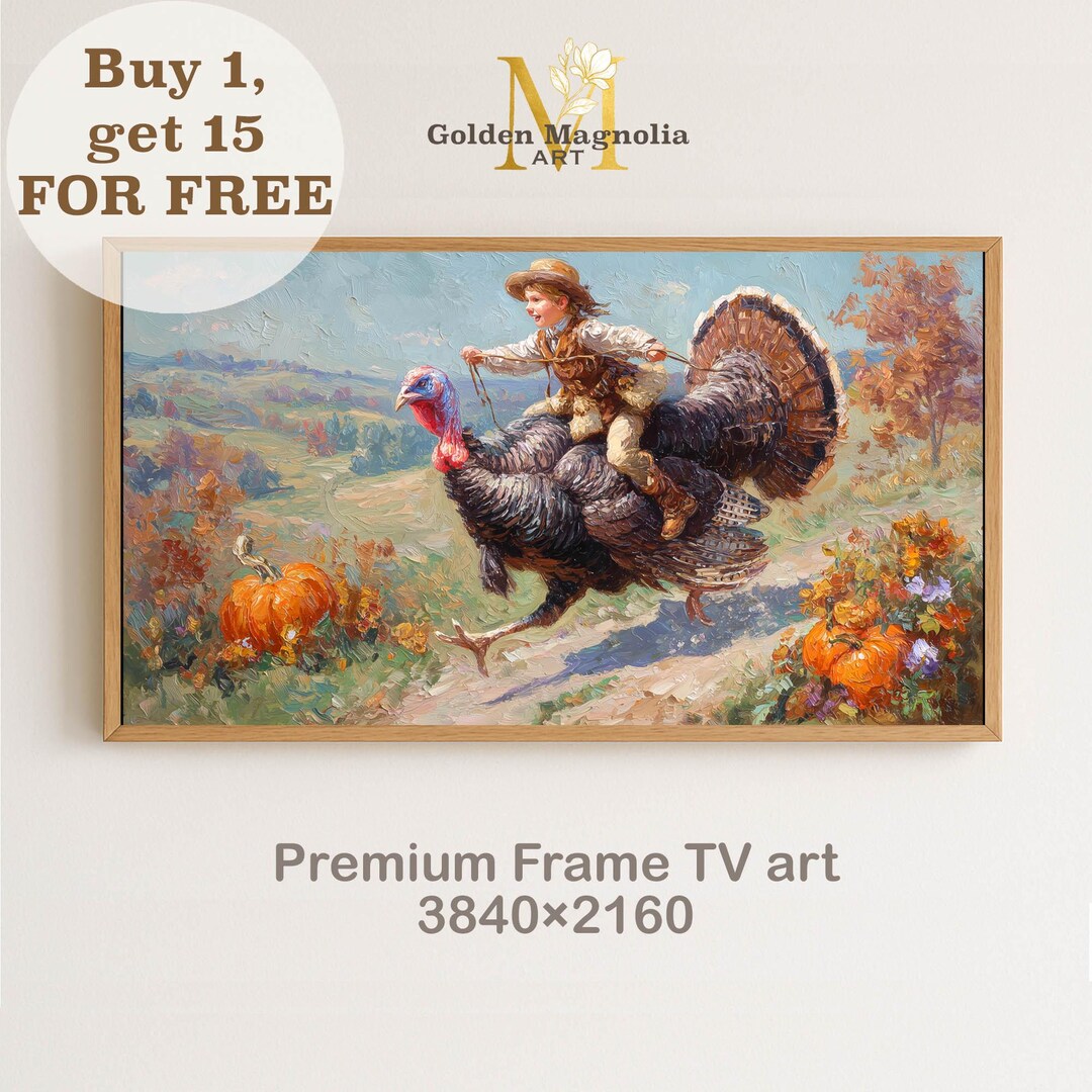 Boy Riding a Turkey Samsung FRAME TV Art, Whimsical Thanksgiving ...