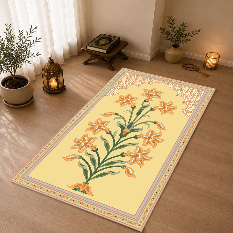 Floral Islamic Prayer Mat, Botanical Muslim Salah Rug, Minimalist ...