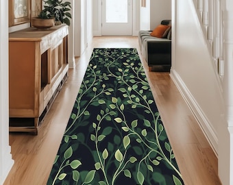 Dark Botanical Runner Rug, Green Leaf Hallway Runner, Modern Nature Kitchen Rug, Black Floral Runner, Entryway Runner Rug Decor
