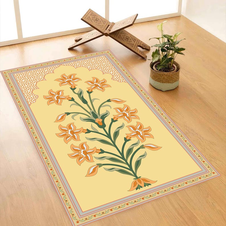 Floral Islamic Prayer Mat, Botanical Muslim Salah Rug, Minimalist ...