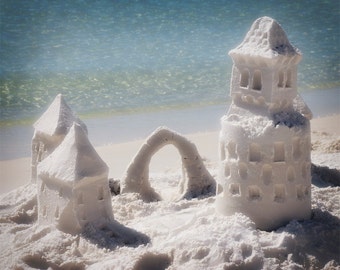 wall art, home decor, Fine Art Print - sandcastles, ocean, sea, sand, blue water, soft focus, glowing - Sandcastles