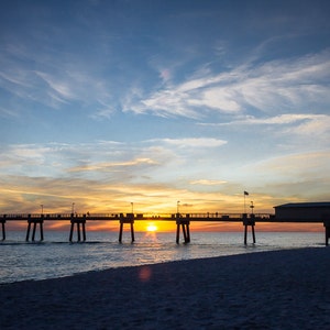 wall art, home decor, Paradise, beach, fishing pier, blazing sunset, white sand, blue water, sun and orange sky, florida life