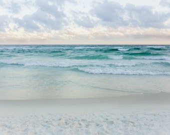 Ocean photography, beach photo, powder blue, beige, waves, tide, clouds, pastel shades, romantic, Florida, Gulf of Mexico