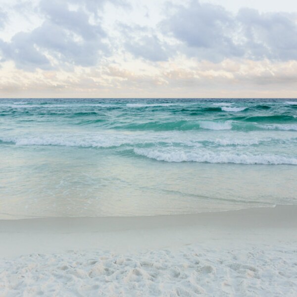 Ocean photography, beach photo, powder blue, beige, waves, tide, clouds, pastel shades, romantic, Florida, Gulf of Mexico