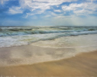 ocean photography, beach photo, powder blue, beige, waves, tide, clouds, pastel shades, romantic, Florida, Gulf of Mexico