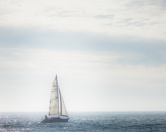 Sailboat, sailing, sails, rope, coastal, sea, ocean, blue, wall hanging, photograph, print, stylized, open sails, soft focus blur, romantic