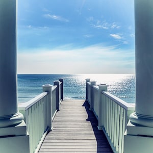 Ocean, Gulf of Mexico, Seaside, 30A, White Columns, Balustrade, Stairs. Blue Water, Clouds, Beach Pavilion - With Open Arms