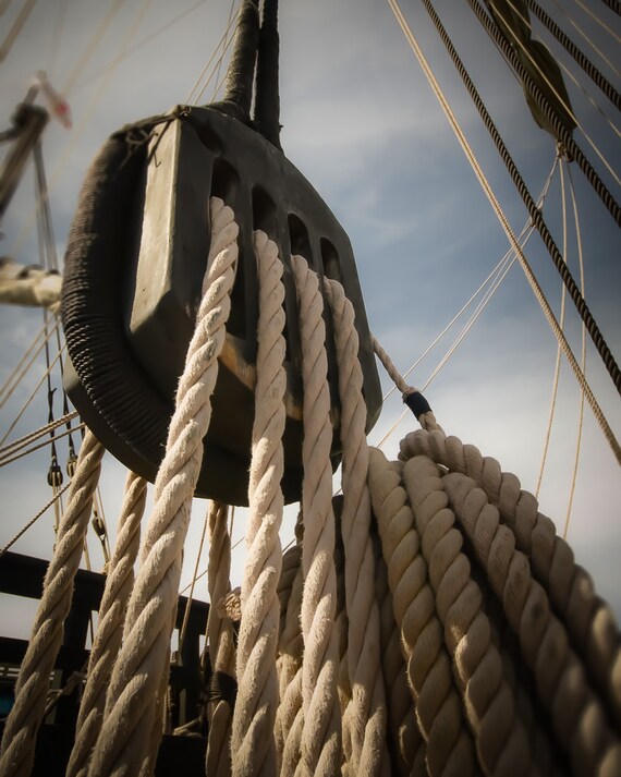 Nautical, sailboat, sailing, sails, rope, coastal, sea, ocean, vintage,  wall hanging, photograph, print, stylized - ROPED IN