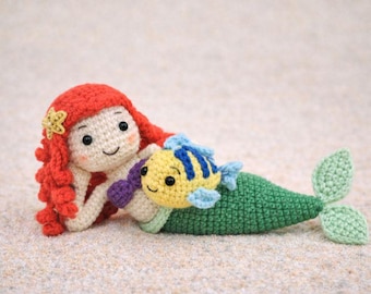 Patron sirène au crochet PDF | Sirène cheveux roux et poisson | Modèle de poupée Amigurumi | Adapté aux débutants | Téléchargement instantané