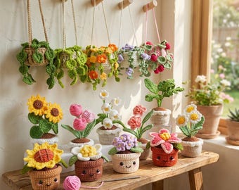 Lot de motifs de plantes au crochet PDF - Pots de fleurs et plantes suspendues Amigurumi - Jolie décoration d'intérieur Kawaii - Convient aux débutants