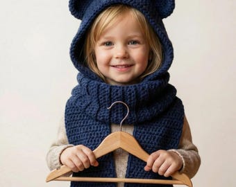 Écharpe à capuche ours au crochet, motif PDF - Écharpe à capuche animal pour enfants - Joli chapeau d'hiver avec oreilles pour tout-petits - Facile pour les débutants