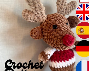 Motif au crochet renne PDF, tutoriel peluche Amigurumi de Noël, décoration de Noël facile à faire soi-même, instructions de crochet en anglais