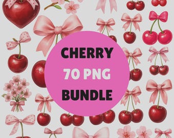 Bundle PNG Cerise | 70 Clipart cerise mignon avec noeuds roses | Fruit esthétique PNG | Scrapbooking et sublimation