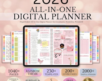 Agenda numérique 2026 tout-en-un | Agenda iPad avec lien hypertexte pour GoodNotes Notability | Plus de 1 000 modèles de pages d'autocollants