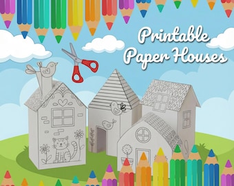 Maisons en papier imprimables pour les enfants • Modèles d'artisanat à colorier en 3D • Activité de découpe et de pliage • Village en papier pour travaux manuels • Artisanat imprimable à téléchargement immédiat